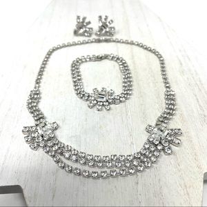 Vintage rhinestone 3 piece jewelry set: necklace, bracelet, earrings